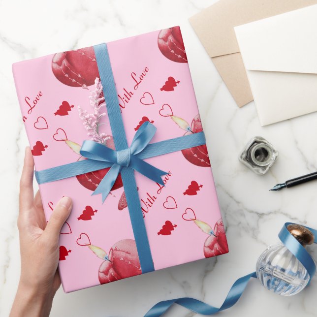 Papel De Regalo ardiendo corazones rojos en un fondo rosado románt (Regalar)