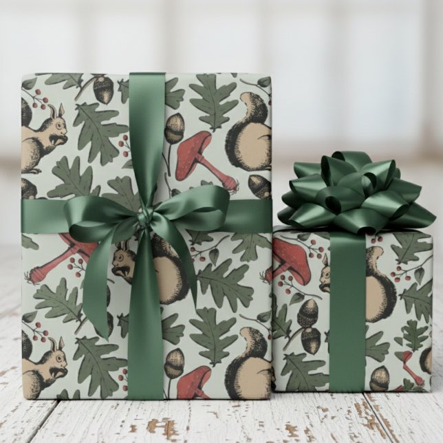 Papel De Regalo Ardillas de bosque festivo, maíz y champiñones ver (Sage Green Forest Winter Squirrels & Leaves Woodland Wrapping Paper for Nature Wild Animals Lover. )
