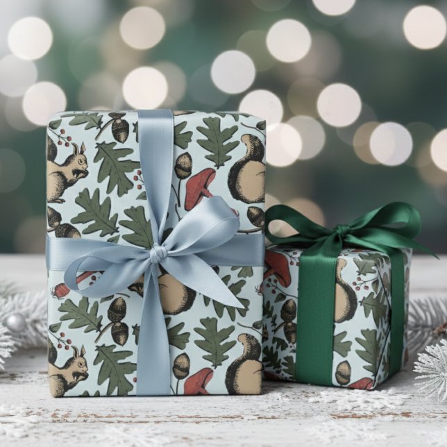 Papel De Regalo Ardillas forestales festivas, cuernos de maíz y ch (Light Blue Forest Winter Squirrels & Leaves Woodland Wrapping Paper for Nature Wild Animals Lover. )