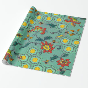 PAPEL DE REGALO ARENES DE MIEL, BEEHIVAS, FLORES DE PRIMAVERA ACOG