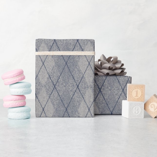 Papel De Regalo Argyle Fabric Look Faux Textura Gris Azul (Baby Shower)