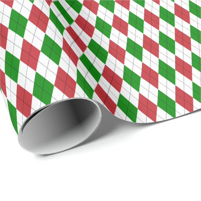 Papel de regalo Argyle rojo oscuro, verde y blanco (Esquina del rollo)