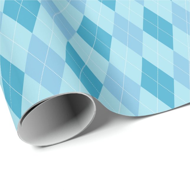 Papel de regalo Argyle tonos azules grandes (Esquina del rollo)