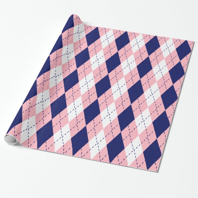 Papel De Regalo Argyle XL Pink Navy Blue Whats (Desenrollado)