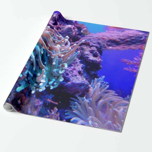 Papel De Regalo Arrecife de coral azul violeta anenoma de mar (Desenrollado)