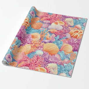 Papel De Regalo Arrecife de Coral Tropical Turquesa Lavanda Marino