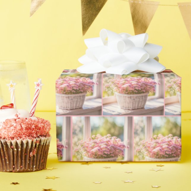 Papel De Regalo Arreglo De Flores Rosa En La Cesta De Mimbre (Fiesta de cumpleaños )