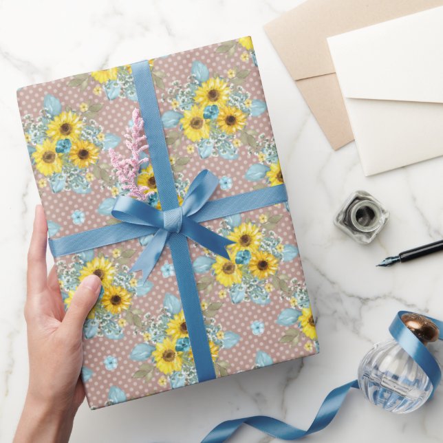 Papel De Regalo Arreglo de girasol azul, blanco y amarillo (Regalar)