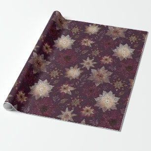 Papel De Regalo Art Deco Copos de Nieve Dorados Burgundy Glam Flor