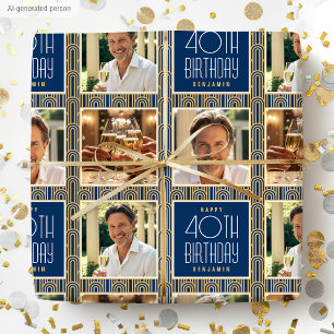 Papel De Regalo Art Deco Cumpleaños Personalizado Foto Regalo Navy