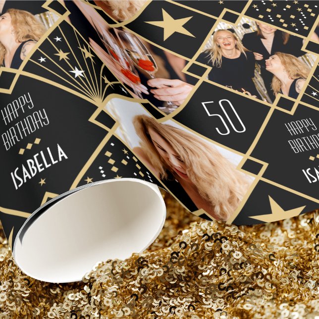 Papel De Regalo Art Deco Custom Age Name & Photos Birthday (Subido por el creador)