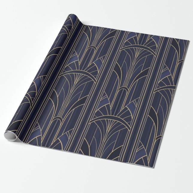 Papel De Regalo Art Deco de los años 20 - Azul de medianoche (Desenrollado)