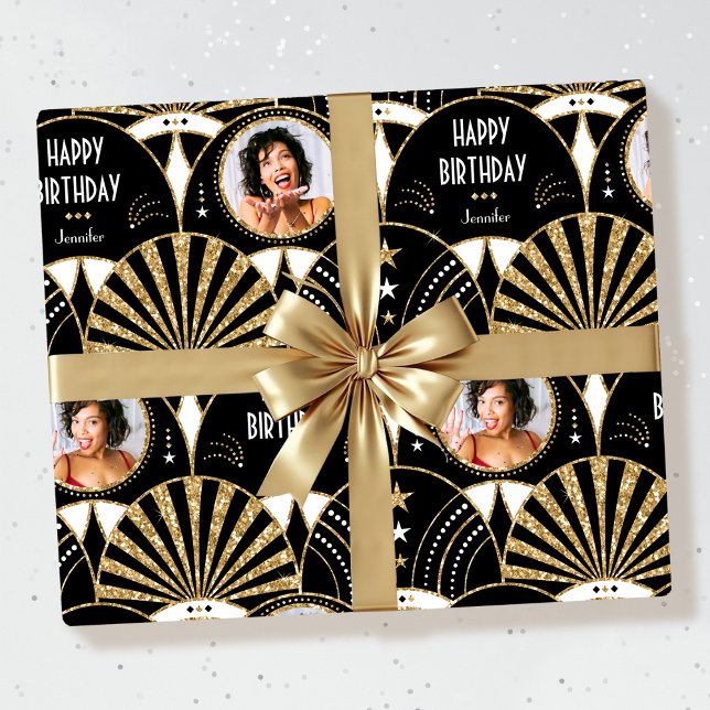 Papel De Regalo Art Deco Feliz cumpleaños foto elegante oro negro (Subido por el creador)