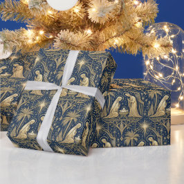 Papel De Regalo Art Deco Gold Nativity Pattern on Navy
