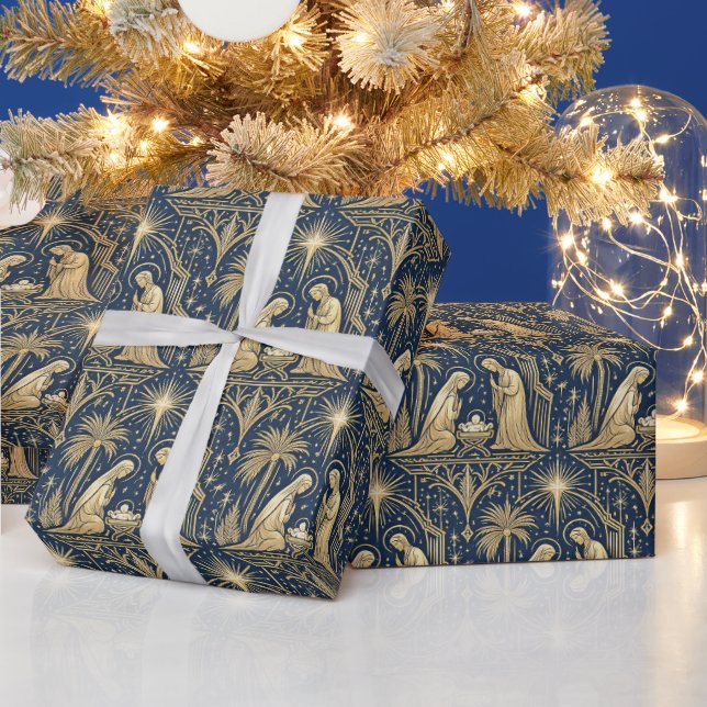 Papel De Regalo Art Deco Gold Nativity Pattern on Navy (Vacaciones)