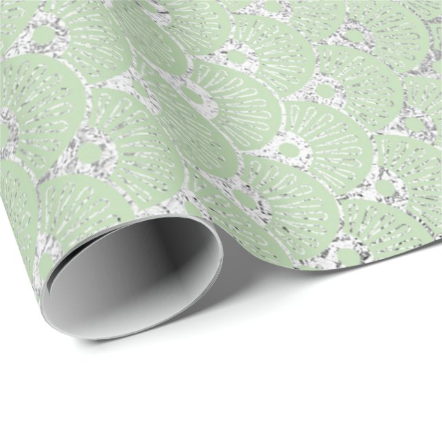 Papel De Regalo Art Deco Mint Green Silver Shells Vip (Esquina del rollo)