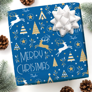 Papel De Regalo Art Deco Navidades Reno Nombre personalizado Oro A