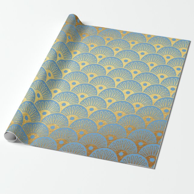 Papel De Regalo Art Deco Oro Olas De Oro Casas De Marea Azul Paste (Desenrollado)