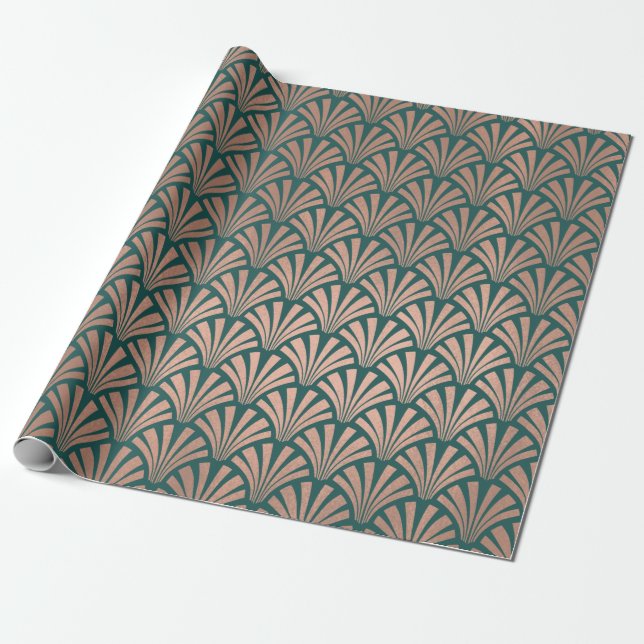 Papel De Regalo Art Deco Seashells Scales Rosa Gold Copper Verde a (Desenrollado)