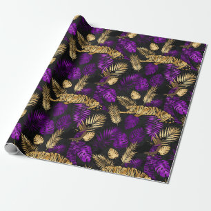Papel De Regalo Art Deco Tropical Purpura y Tigre Dorado