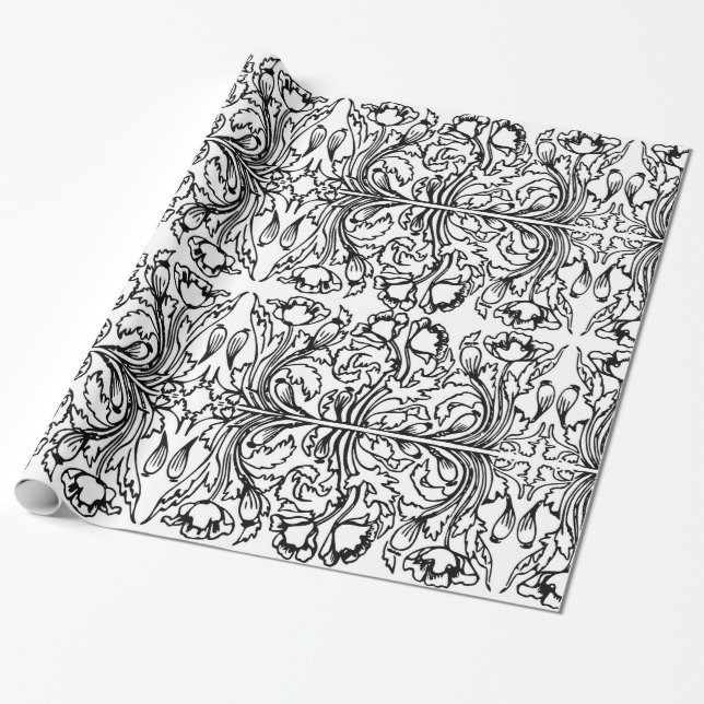 Papel De Regalo Art Nouveau amapola floral blanco negro elegante (Desenrollado)