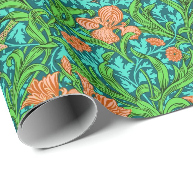Papel De Regalo Art Nouveau Iris Print, Naranja y turquesa (Esquina del rollo)