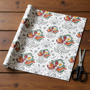 Papel De Regalo Arte abstracto floral estilo garabato verde rojo a