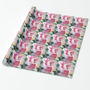 Papel De Regalo Arte acuático con flores de lirio blanco y rosa