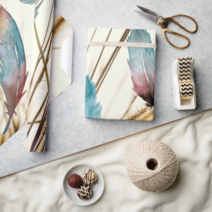 Papel De Regalo Arte Botánico Caprichoso Rosa Teal Pluma