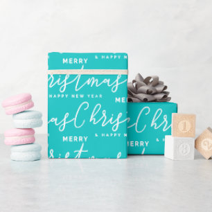 Papel De Regalo Arte con Palabras de Feliz Navidad Turquesa y Blan