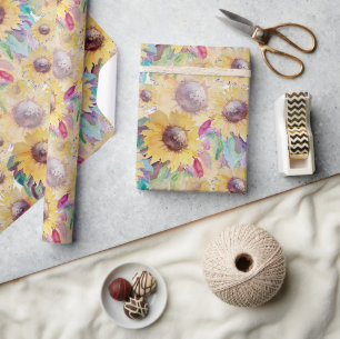 Papel De Regalo Arte de Acuarela de Girasoles Artísticos Rústicos