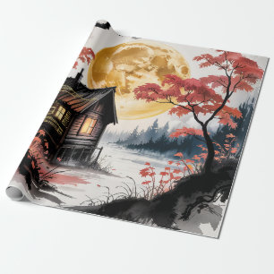 Papel De Regalo Arte de Cabaña Iluminada por la Luna en Bosque Jap