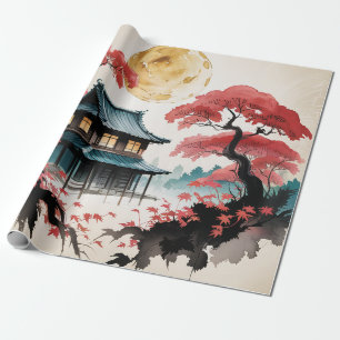 Papel De Regalo Arte de Cabaña Iluminada por la Luna en Bosque Jap