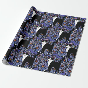 Papel De Regalo Arte de Daisies Púrpura en un gato de Tuxedo
