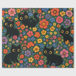 Papel De Regalo Arte de jardín Kawaii – Patrón floral de gato negr