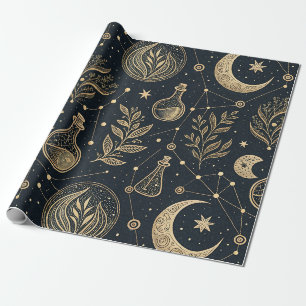 Papel De Regalo Arte de línea dorada celestial - Fases lunares y p