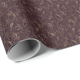 Papel De Regalo Arte de línea floral ciruela profunda púrpura eleg