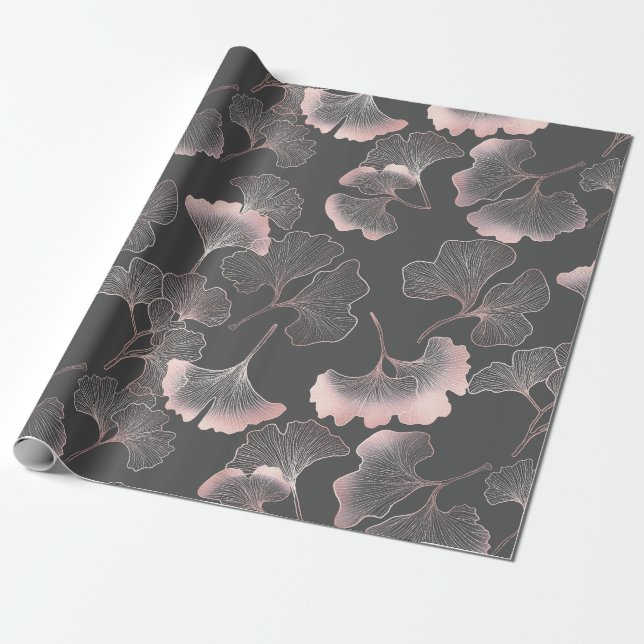 Papel De Regalo Arte de línea rosa sofisticado de Ginkgo sobre lie (Desenrollado)
