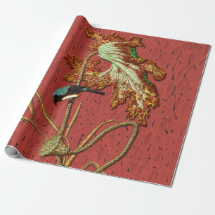 Papel De Regalo Arte de Loto de Pájaro Japonés Rojo Antiguo G.A. A