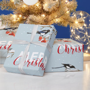 Papel De Regalo Arte de Naturaleza Pájaro Urraca Acebo Navidad Acu