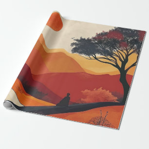 Papel De Regalo Arte de paisaje montañoso Zen carmesí con puesta d