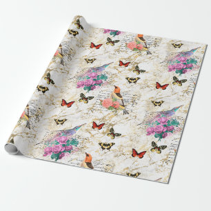 Papel De Regalo Arte de pájaros vintage, flores, mariposas, cartas