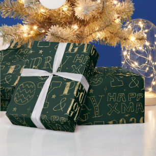Papel De Regalo Arte de Palabras de Navidad con Hojalata Verde y D