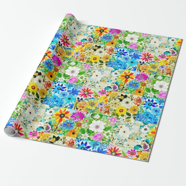 Papel De Regalo Arte de patchwork floral Flores de acuarela (Desenrollado)