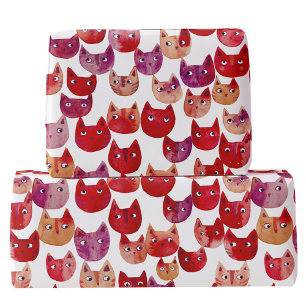 Papel De Regalo Arte divertido de gato en acuarela rojo rosa púrpu