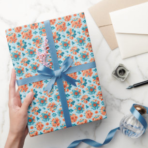 Papel De Regalo Arte floral azul y Naranja cautivante