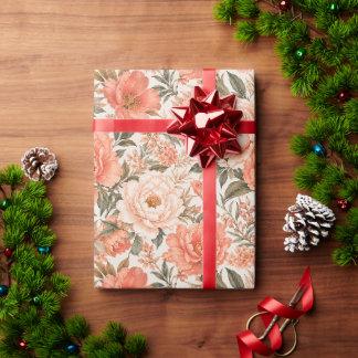 Papel De Regalo Arte floral de coral y melocotón de moda