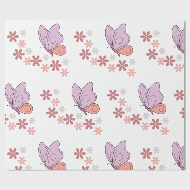 Papel De Regalo Arte floral de mariposa blanca (Superficie plana)