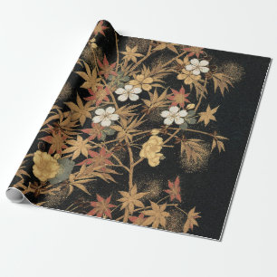 Papel De Regalo Arte Floral de Otoño Vintage Japonés Negro Dorado