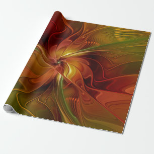 Papel De Regalo Arte floral fractal abstracto rojo naranja marrón